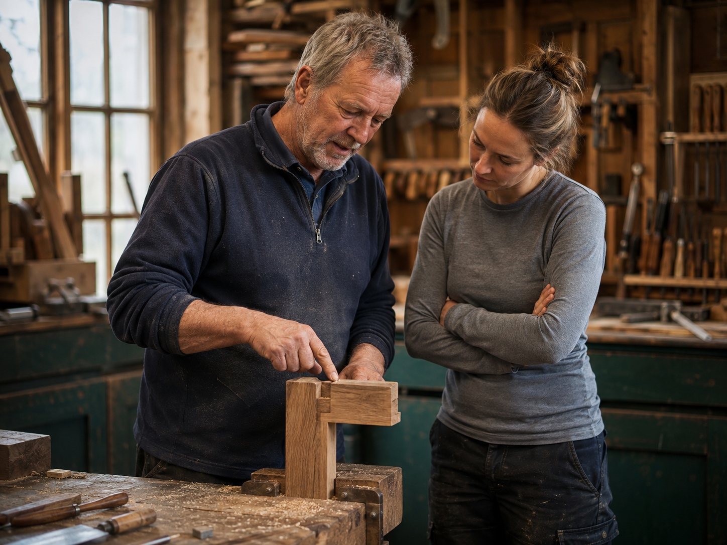 Tischlermeister erklärt einer Fortbildungsteilnehmerin in der Werkstatt eine Holzverbindung